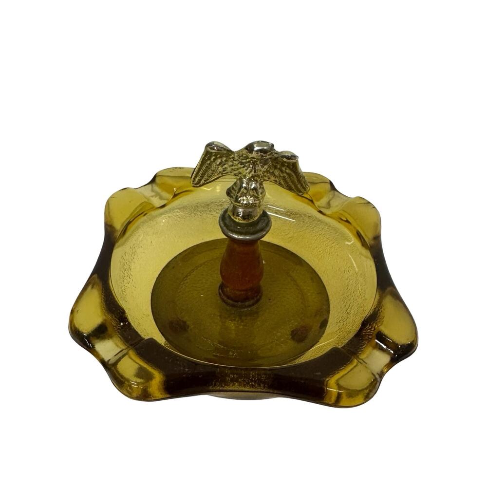 Vintage Amber Glass Eagle Compote Dish | Mid-Century Pedestal Bowl